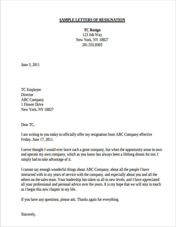 teacher resignation sample letter