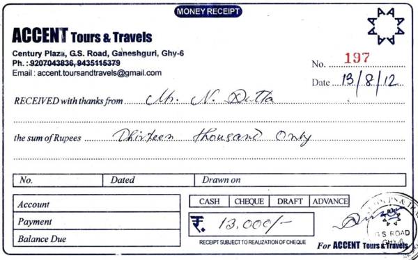 travel and tours receipt sample