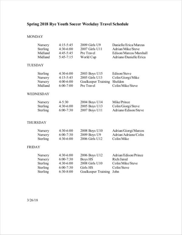 youth soccer weekday travel schedule