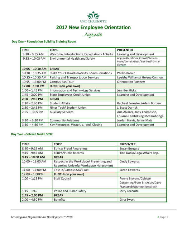 Orientation Schedule Template Excel