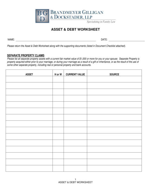 assets and debts worksheet template 1