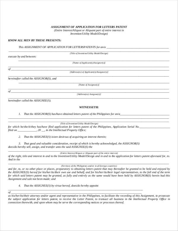 assignment of application for letters patent form