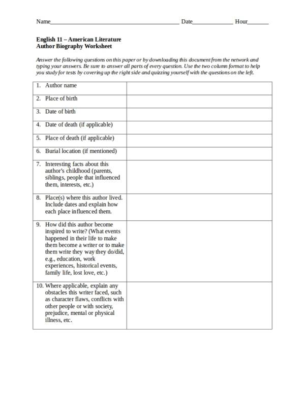 author biography worksheet