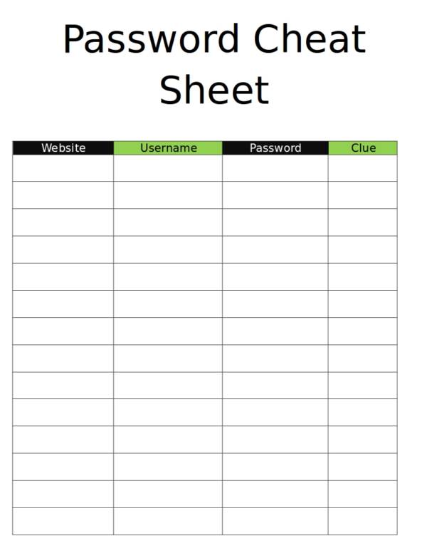 blank password spreadsheet template