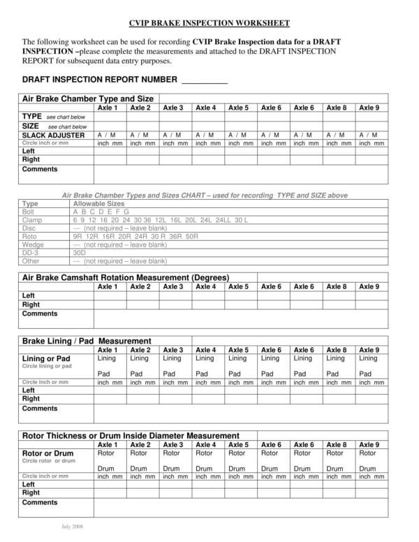 brake inspection worksheet template 1