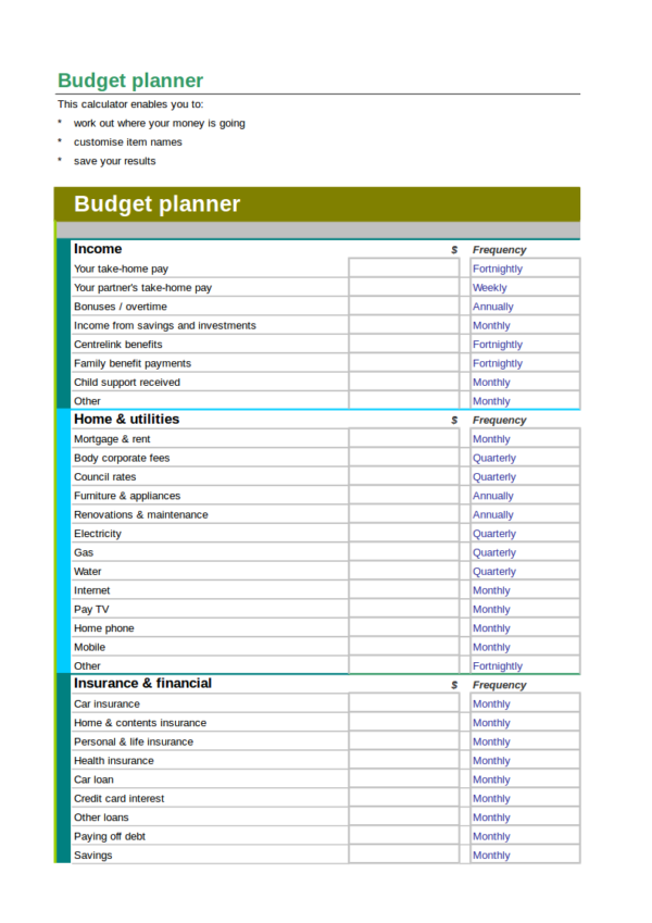 budgte planning worksheet template