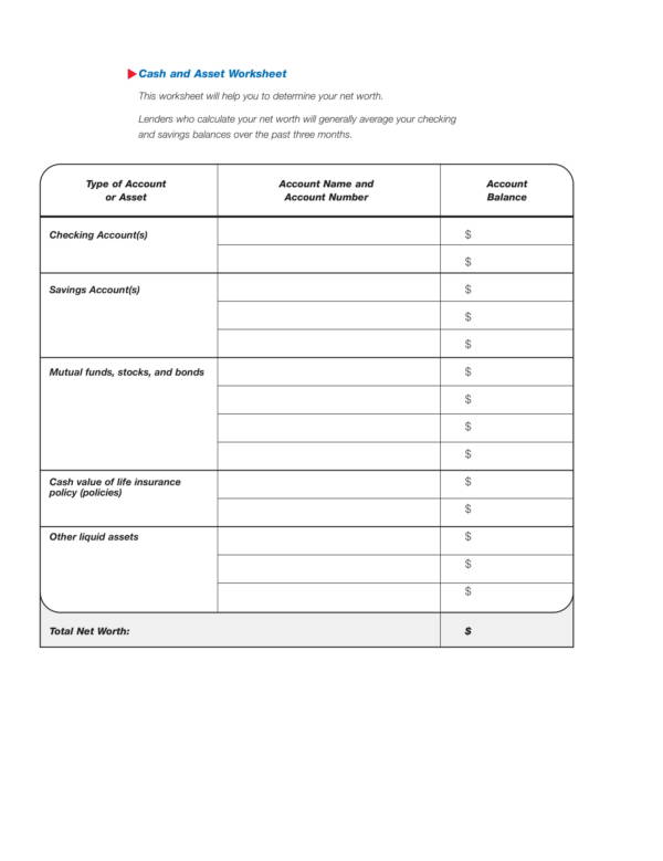 cash and asset worksheet template 1