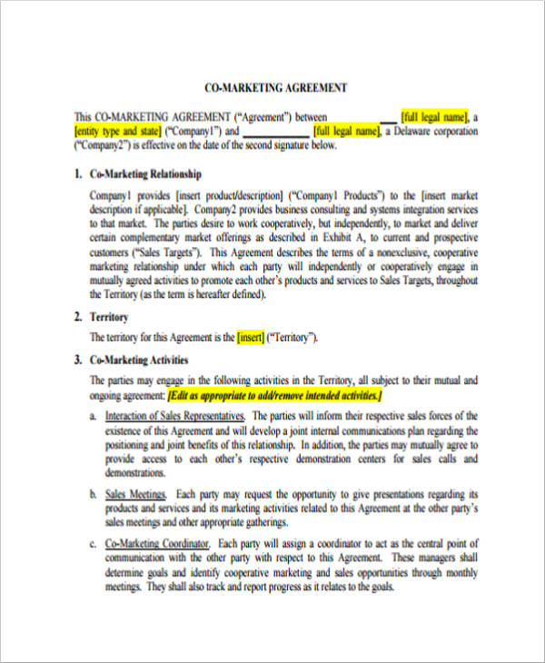 co marketing agreement template