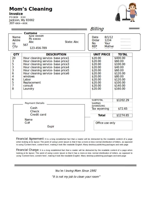 detailed cleaning service invoice template