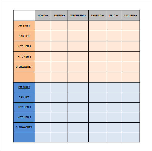 Editable Restaurant Shift Schedule Template 