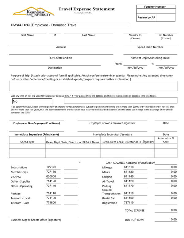 employee travel expense statement template for domestic travel 1