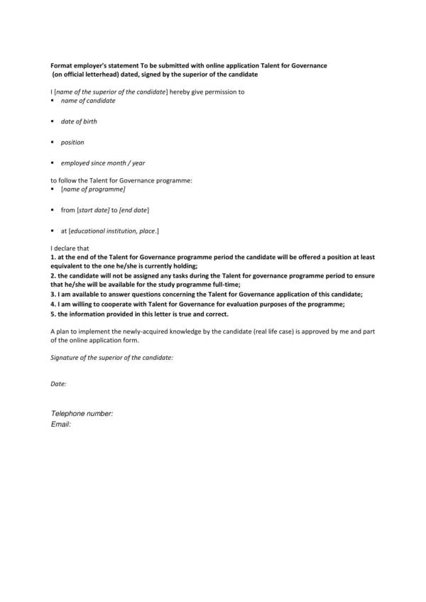 employer statement format for online application 1