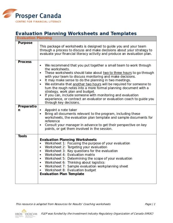 evaluation planning worksheets and templates