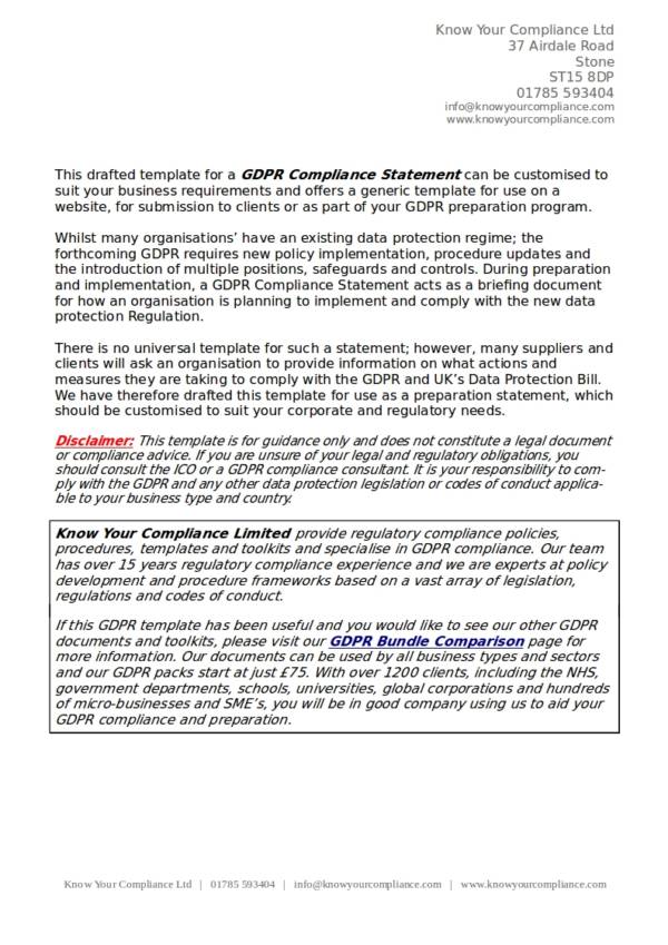 gdpr compliance statement template