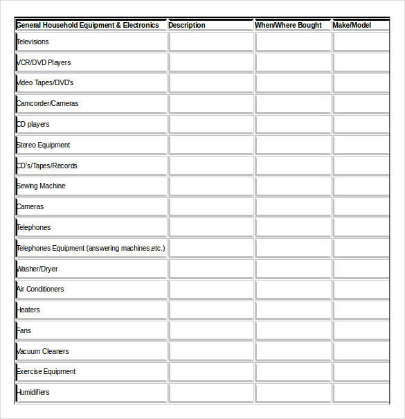 general household equipment and electronics inventory worksheet