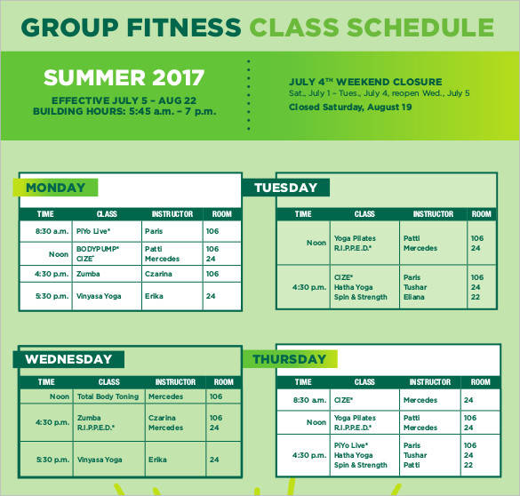 group fitness class schedule