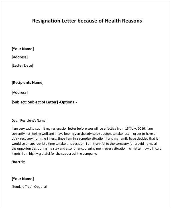 health reasons resignation letter