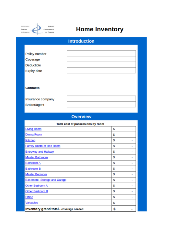 home inventory spreadsheet