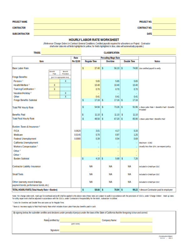hourly labor rate worksheet template