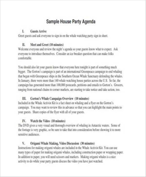 house party agenda sample