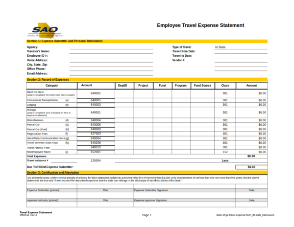 in state travel expense statement template