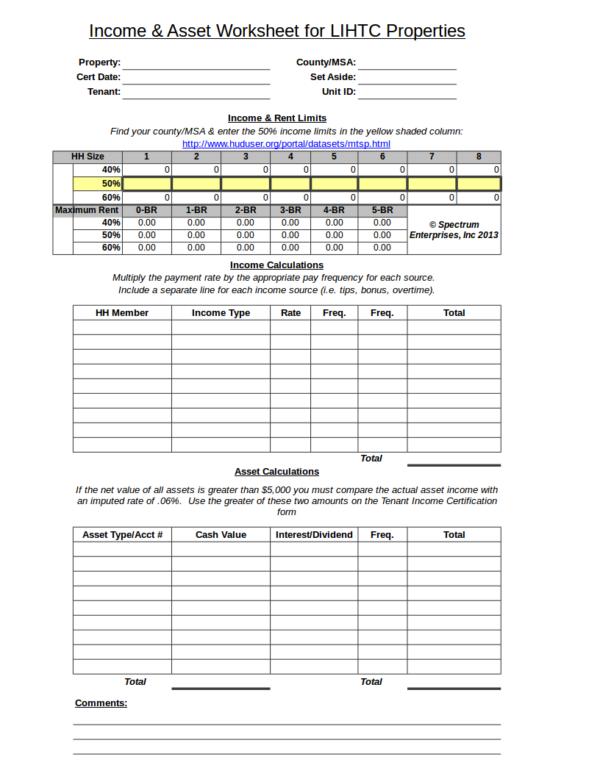 income and asset worksheet for properties