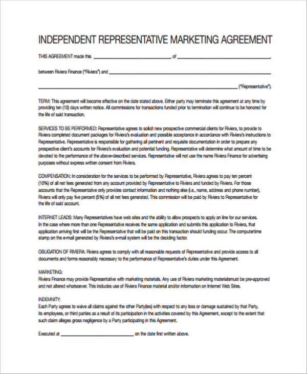 independent representative marketing agreement