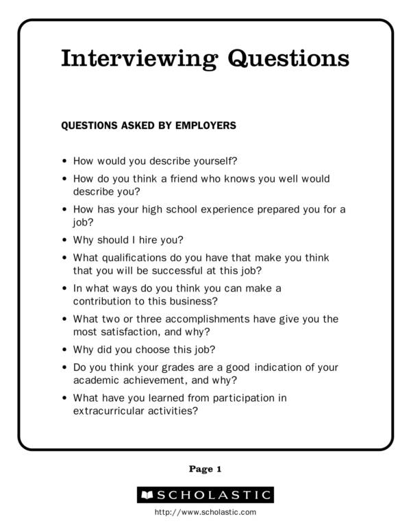 worksheet for job interview