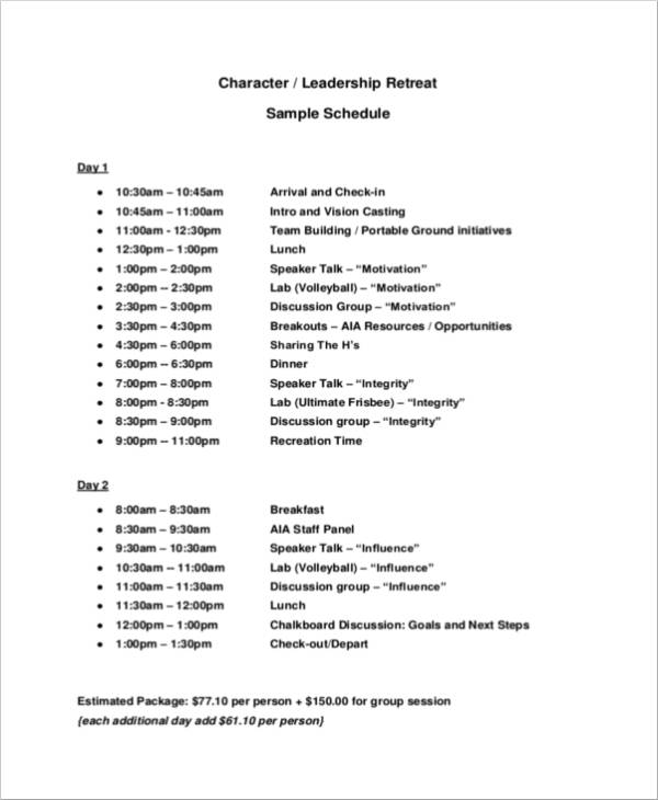 leadership retreat sample schedule