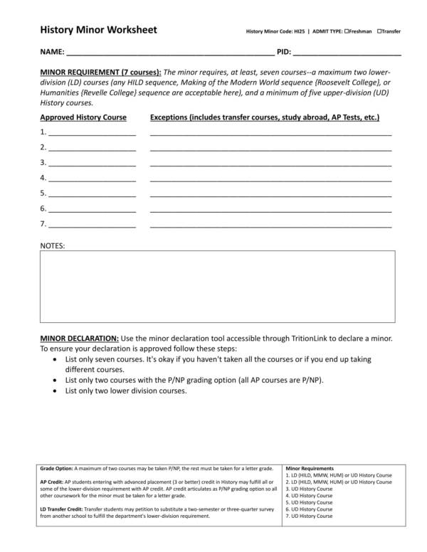 minor subject history worksheet template 1