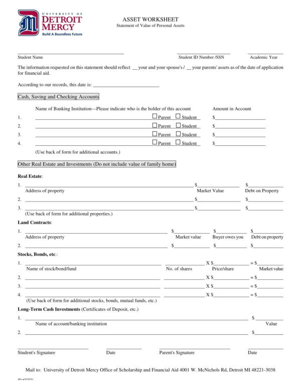 personal assets worksheet template 1