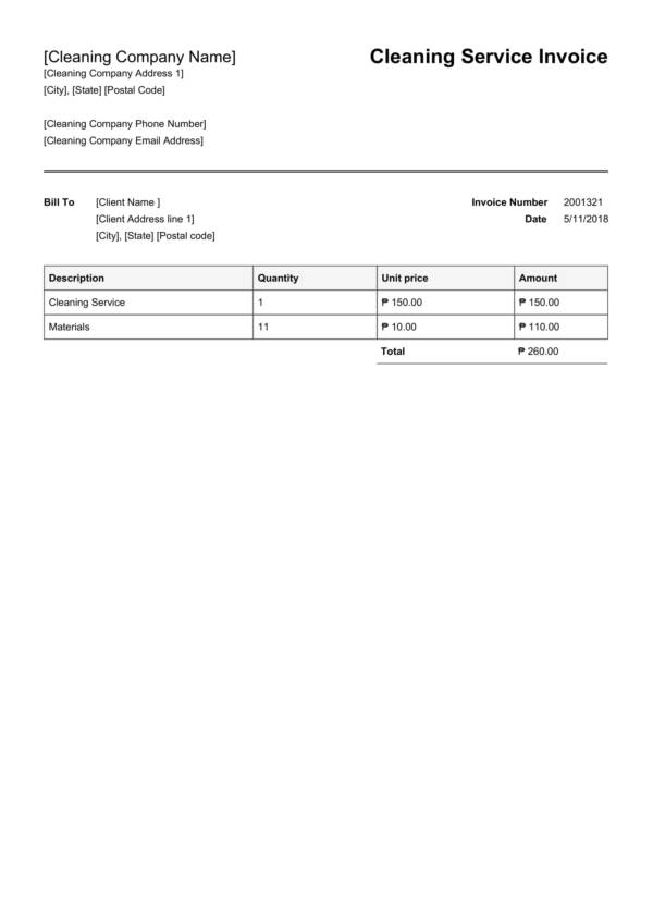 printable cleaning service invoice template 1