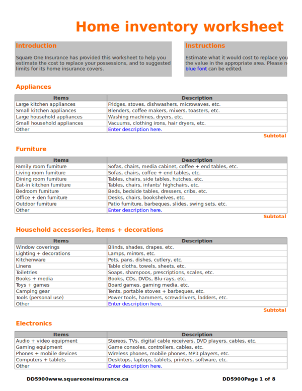 printable home inventory worksheet