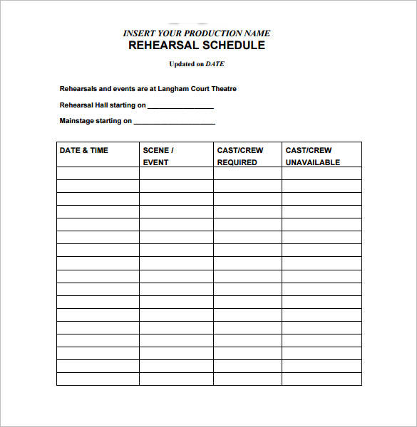 printable production rehearsal schedule template