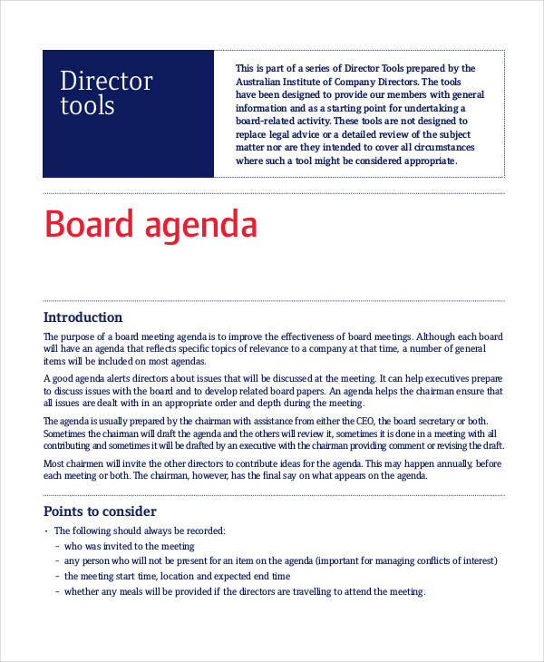 project board agenda template