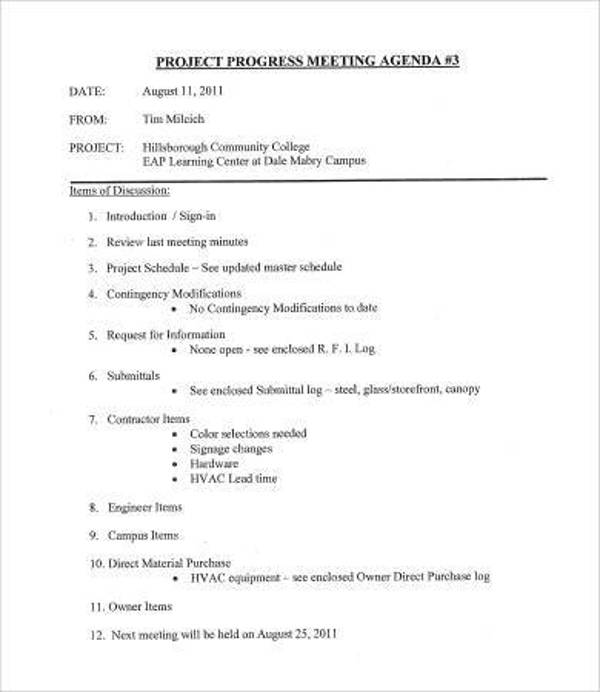 project progress meeting agenda template1