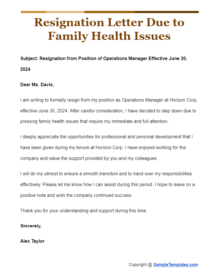 resignation letter due to family health issues