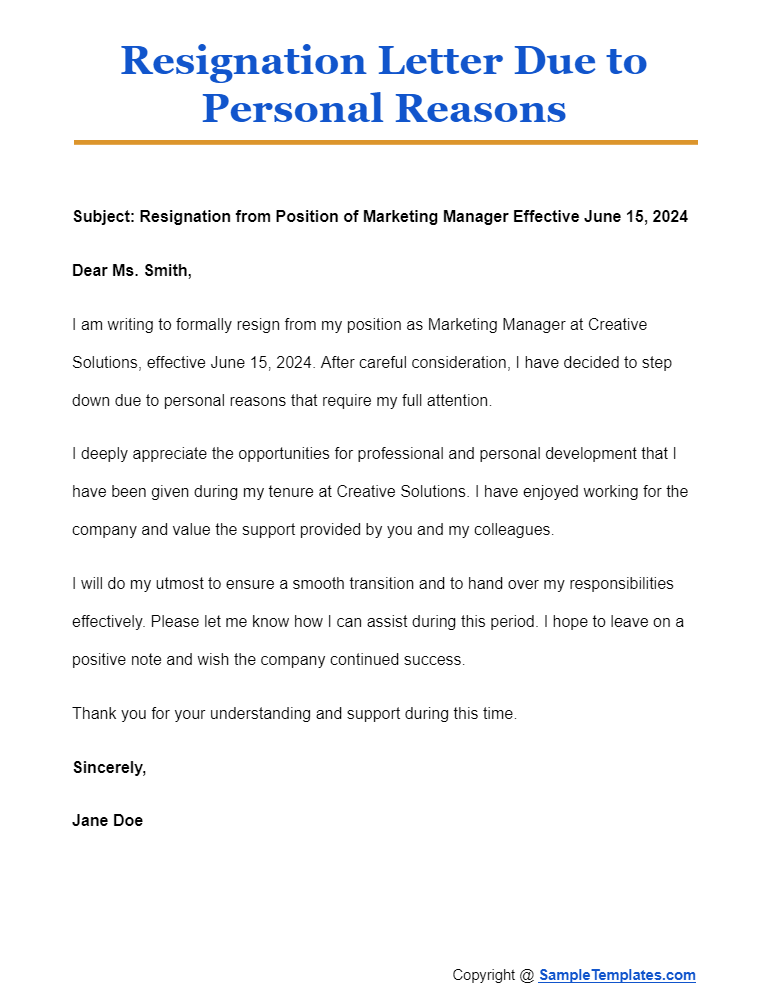 resignation letter due to personal reasons