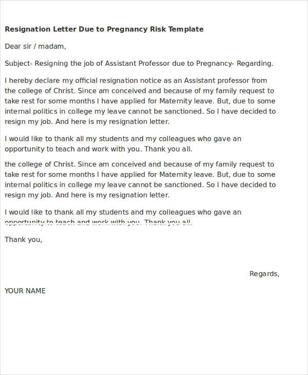 resignation letter due to pregnancy risk 