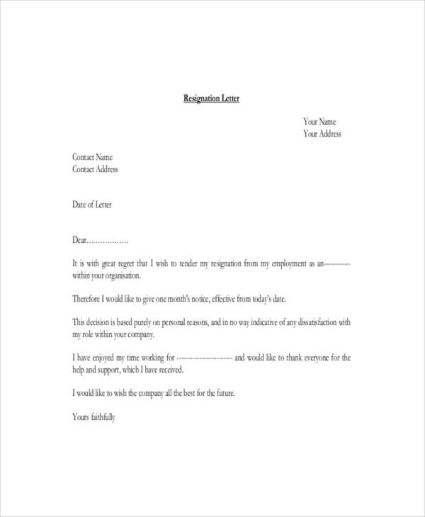 resignation letter with one month notice