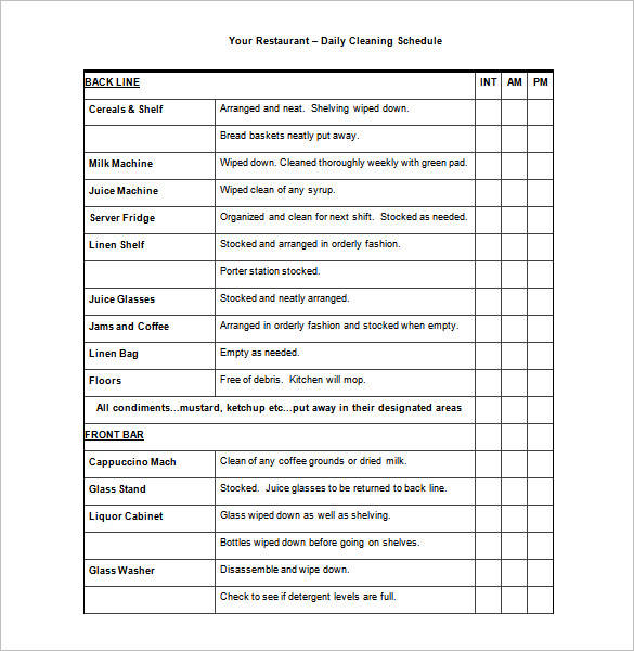 restaurant daily cleaning schedule template