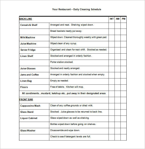 Restaurant Cleaning Schedule Template