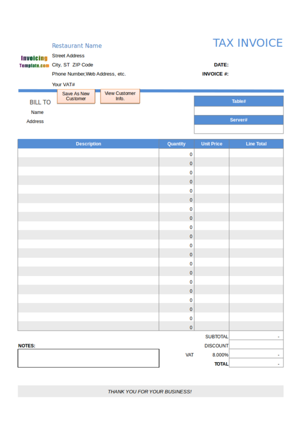 restaurant invoice template with vat 