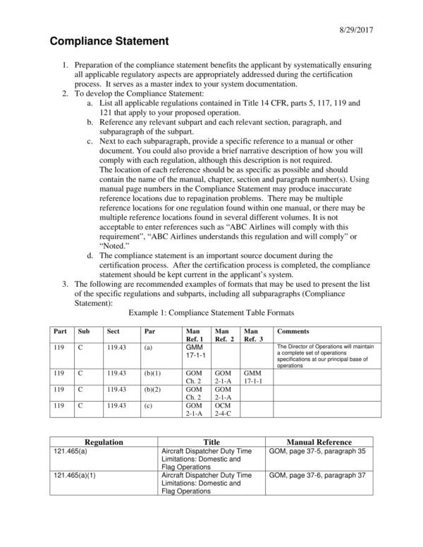 sample compliance statement 1