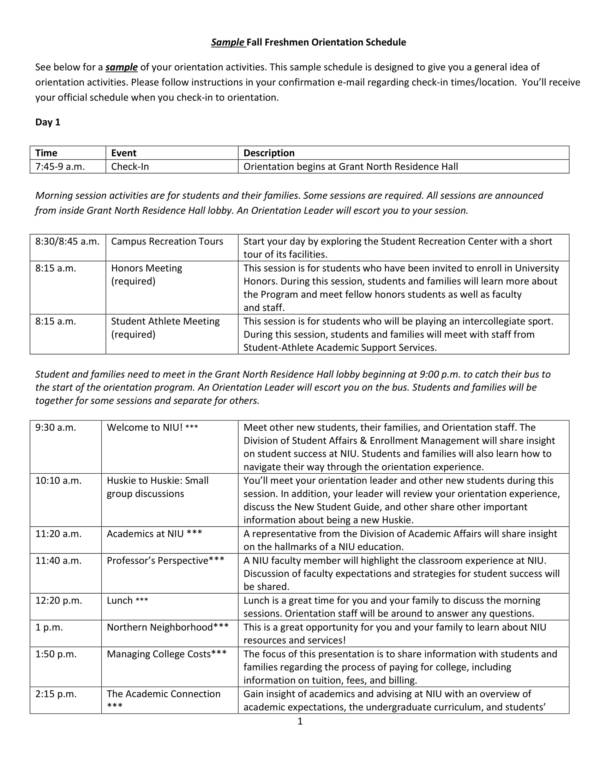 sample fall freshmen orientation schedule 1