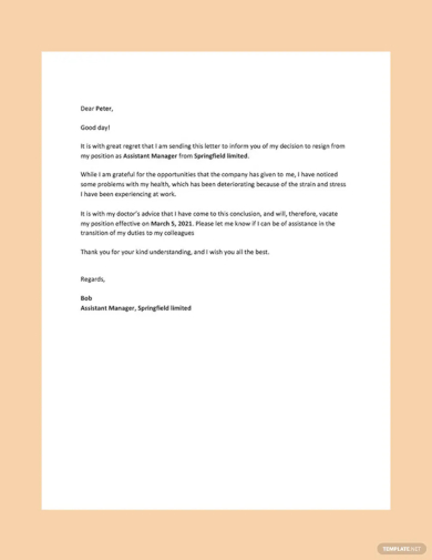 sample resignation letter template due to health issues