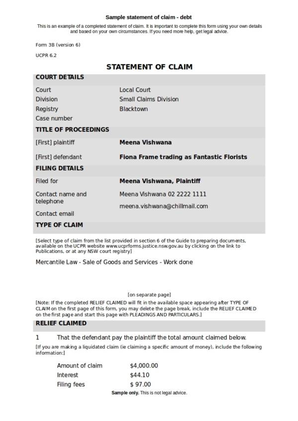 sample statement of claim for debt