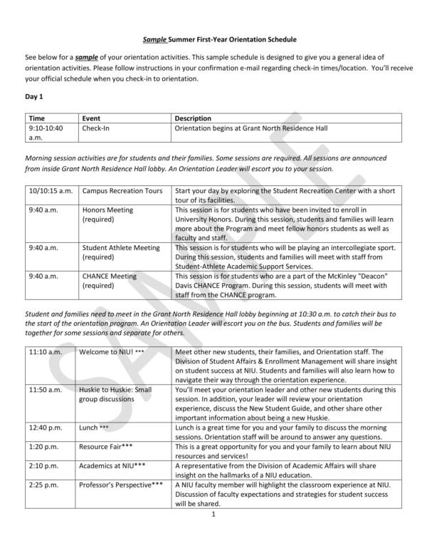 sample summer first year orientation schedule 1