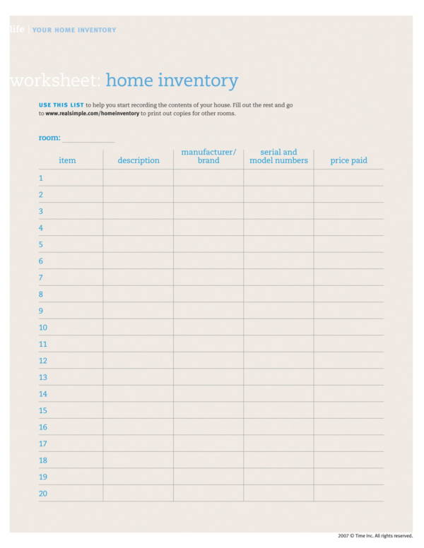 simple home inventory worksheet 1