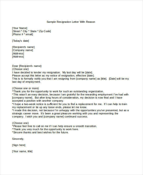 simple resignation letter with reason template